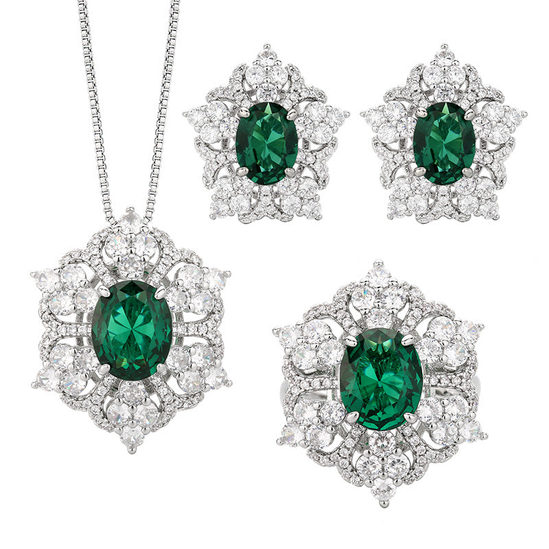 Flower Red Gemstone Silver CZ Necklace Earring Ring Set Bulk