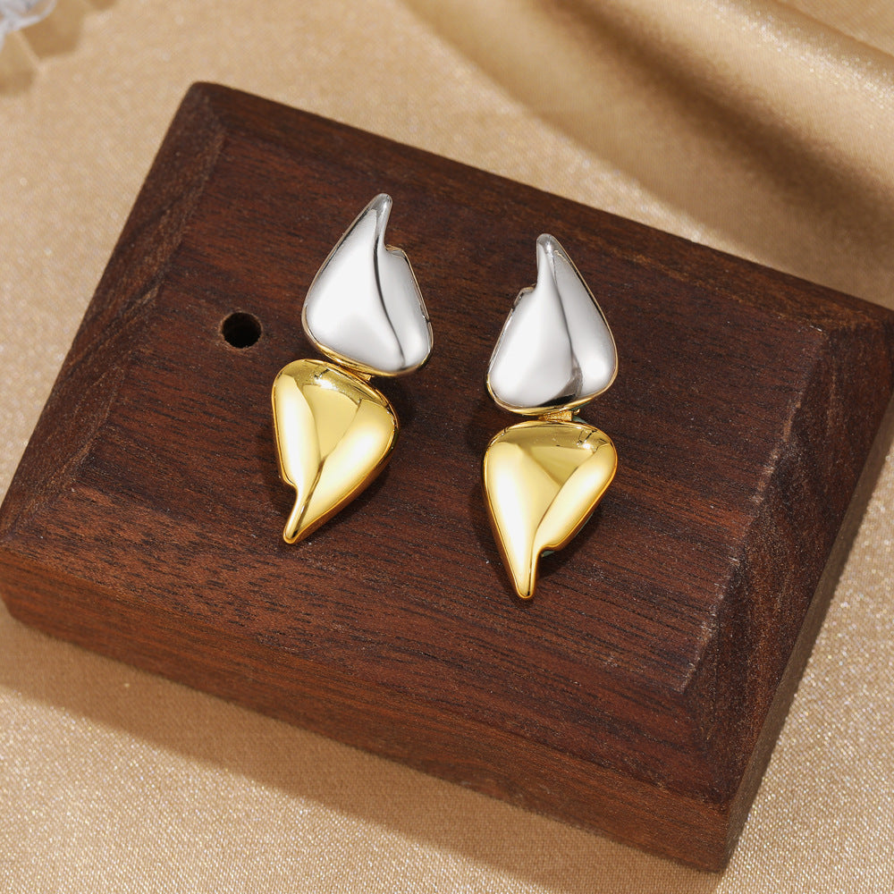 Modern Dual Tone Leaf Gold Silver Stainless Steel Stud Earrings Bulk
