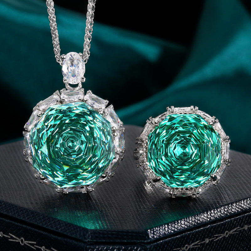 Rose Cut Dream Green Pink Silver Anti Tarnish Green Pendant Ring Set For Women Main image