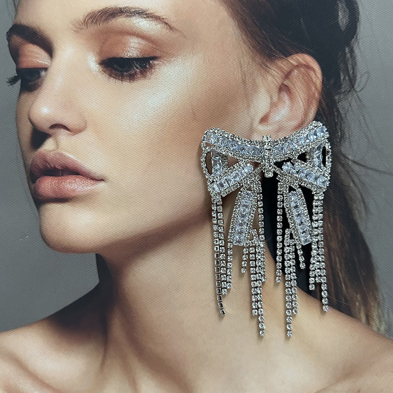Sparkling Diamond Zircon Bow Silver CZ Dangler Earring Bulk