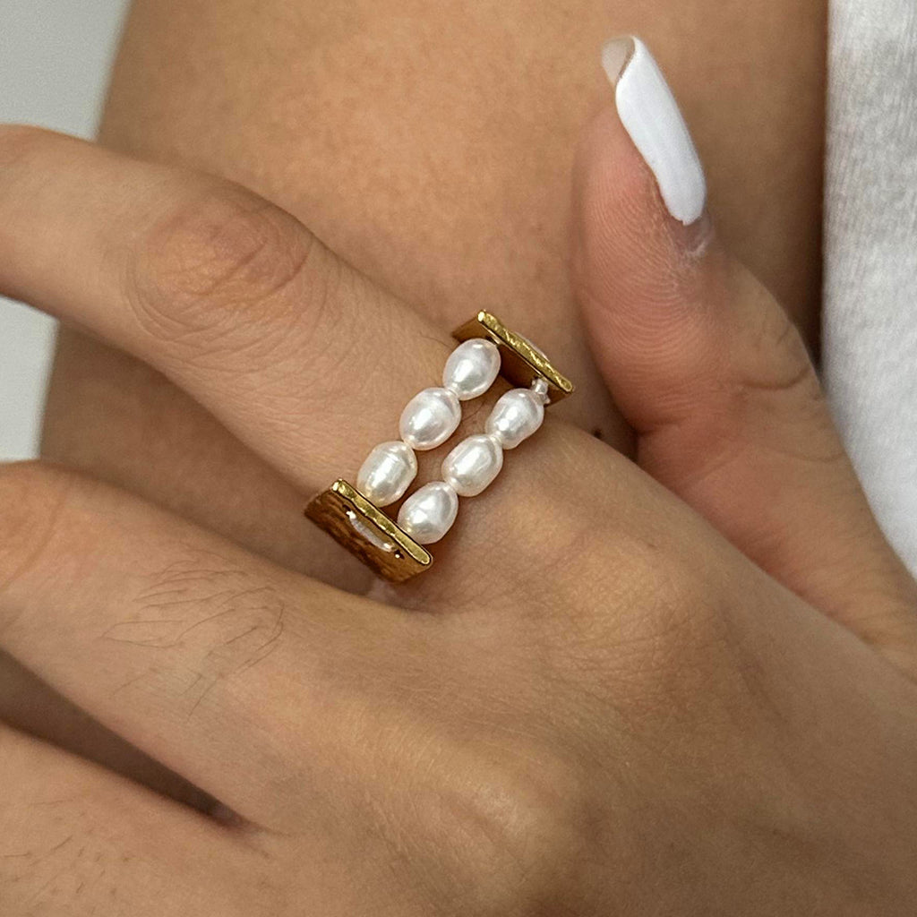 Geometric 18K Gold White Pearl Anti Tarnish Stainless Steel Ring Bulk