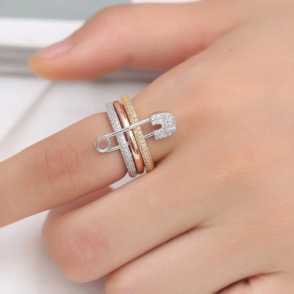 Safety Pin Multi Cubic Zirconia Anti Tarnish Band Ring For Women Bulk