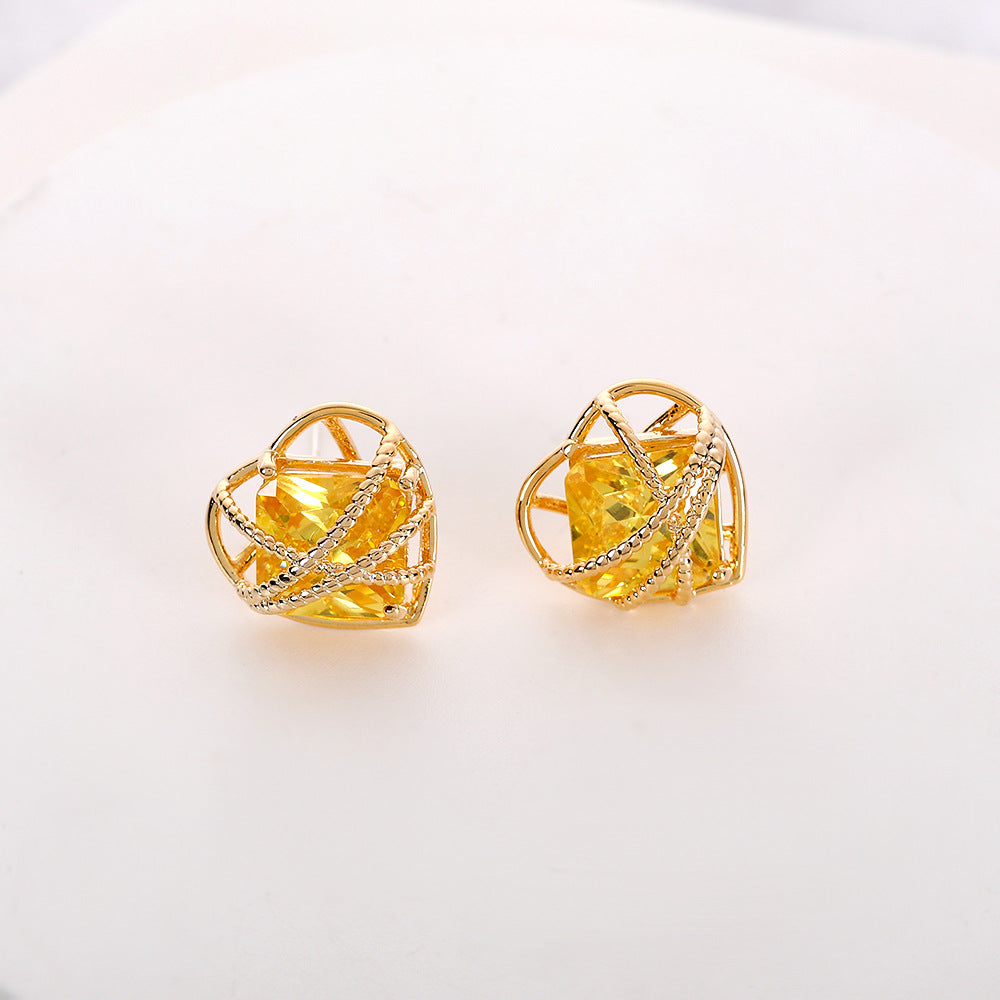 Fashion Heart Frame Gold Plated CZ Anti Tarnish Copper Stud Earrings Bulk
