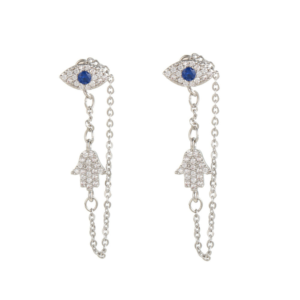 Gold Silver Evil Eye Hamsa Chain Cubic Zirconia Copper Drop Earrings Bulk