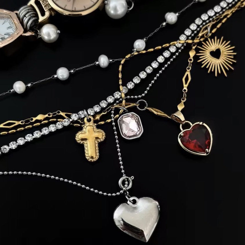 Heart Cross Pearl Vintage Punk Anti Tarnish Multi Watch Choker Necklace For Women