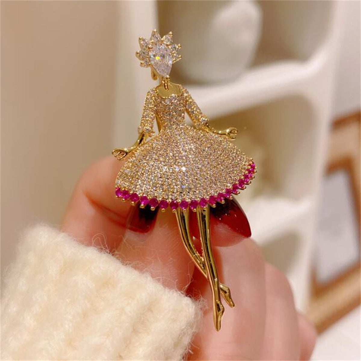 Pink Trendy Dancing Girl Gold Plated CZ Copper Anti Tarnish Brooch Bulk Main image