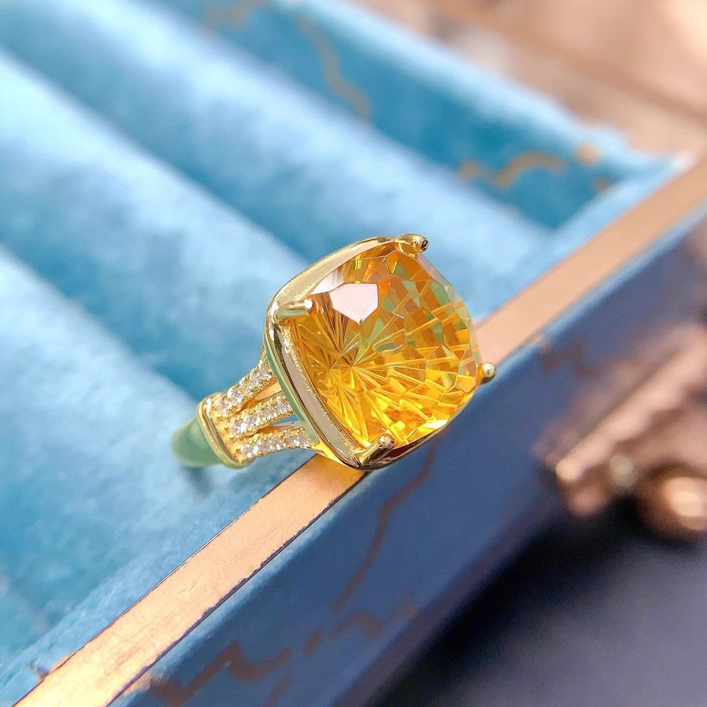 Square Yellow Cubic Zirconia 18K Gold Anti Tarnish Free Size Ring Bulk