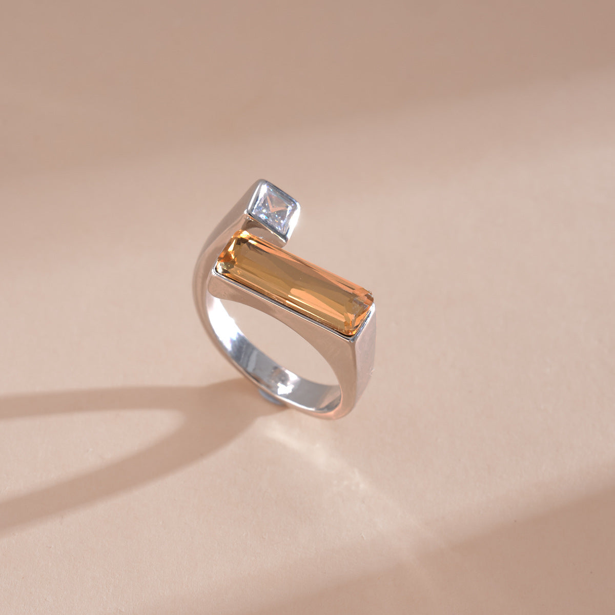 Gold Silver Baguette Crystal Copper Adjustable Ring For Women
