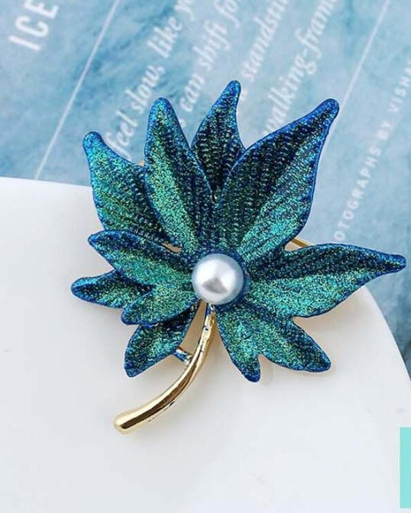 Blue Yellow Maple Leaf Gold Cubic Zirconia Copper Brooch For Women Bulk