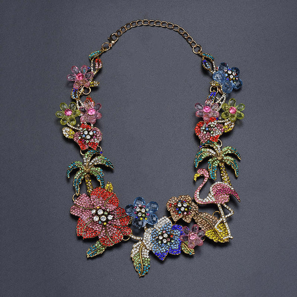 Floral Flower Multi Gemstone Crystal 18K Gold Anti Tarnish Necklace For Women Main image