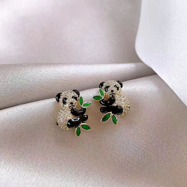 Luxury Gold Plated Panda Bear Green Enamel CZ Crystal Stud Earrings Bulk Secondary image