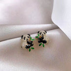 Luxury Gold Plated Panda Bear Green Enamel CZ Crystal Stud Earrings Bulk