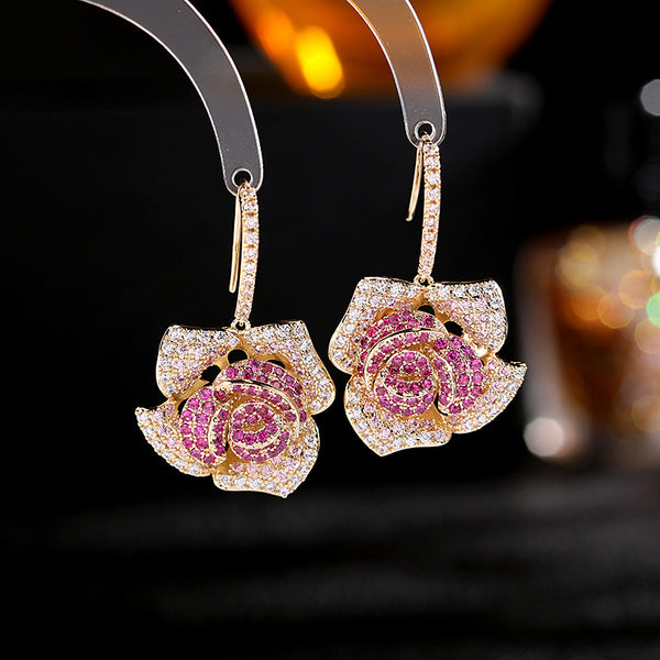 Flower CZ Crystal 18K Gold Pink Anti Tarnish Dangler Hoop Earring Bulk Main image