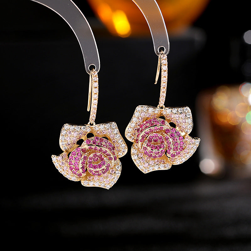 Flower CZ Crystal 18K Gold Pink Anti Tarnish Dangler Hoop Earring Bulk Main image