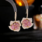 Flower CZ Crystal 18K Gold Pink Anti Tarnish Dangler Hoop Earring Bulk