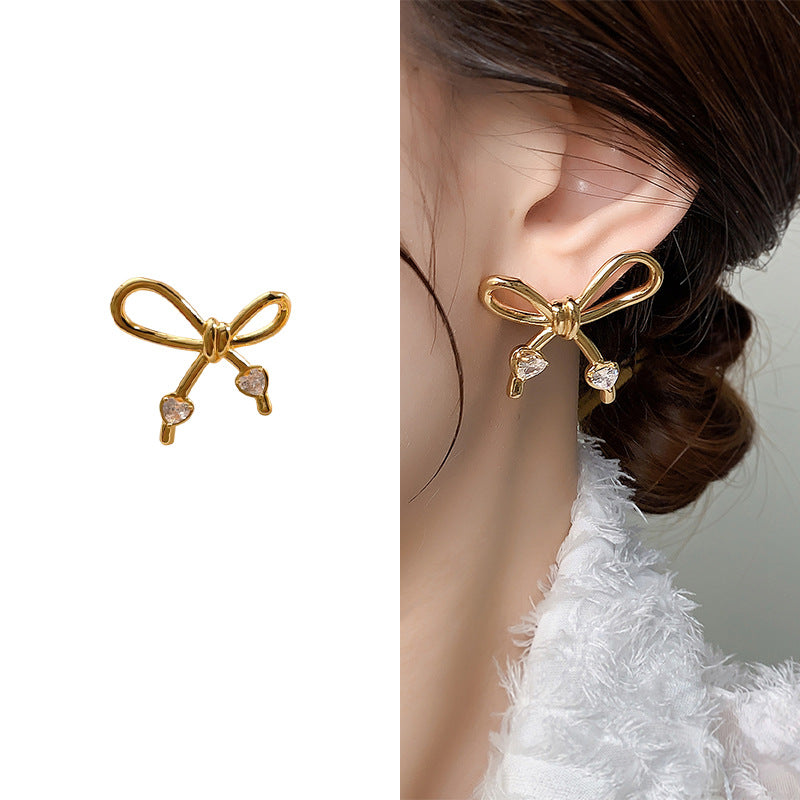 Bow Heart 18K Gold Silver CZ Anti Tarnish Stud Earring Bulk