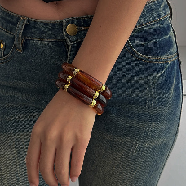 Glossy Acrylic Multi 18K Gold Stainless Steel Anti Tarnish Stackable Elastic Bracelet For Women Secondary image