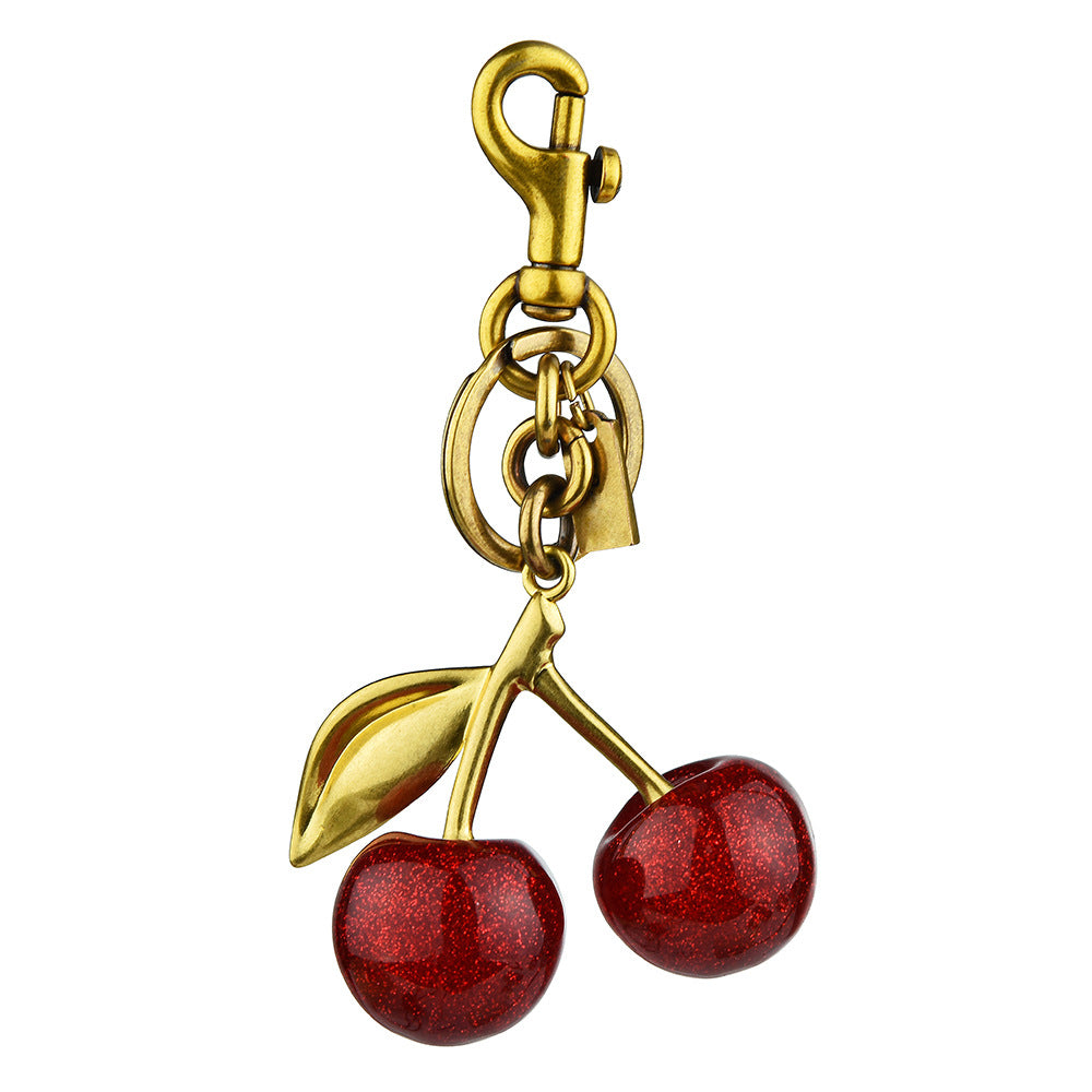 Cherry Antique Gold Plated Red Glitter Acrylic Keychain For Women