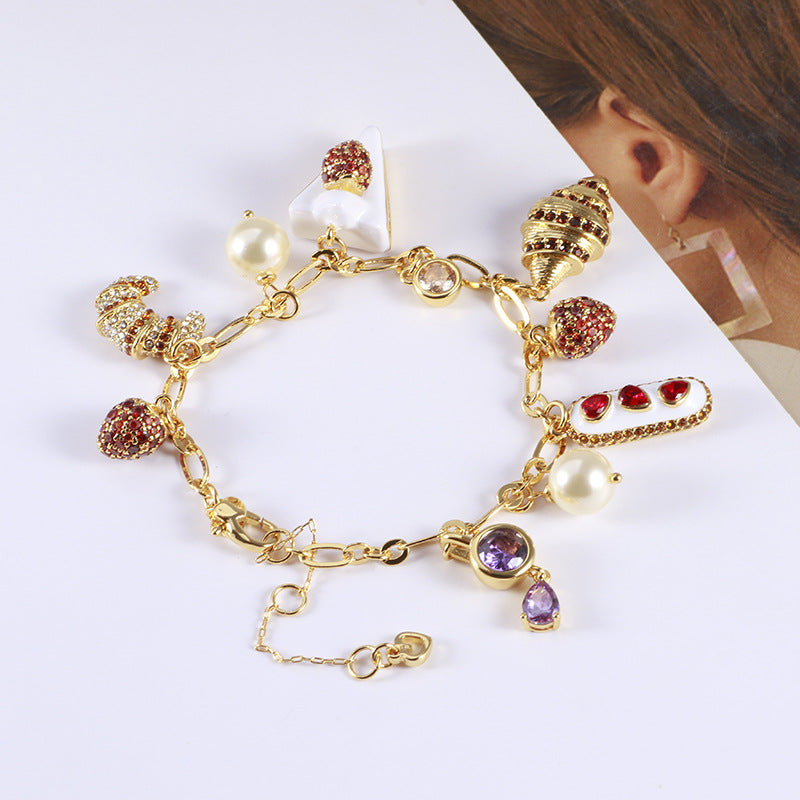 Strawberry Cake Bread Inlaid Pearl Cubic Zirconia Anti Tarnish Charm Chain Bracelet For Women