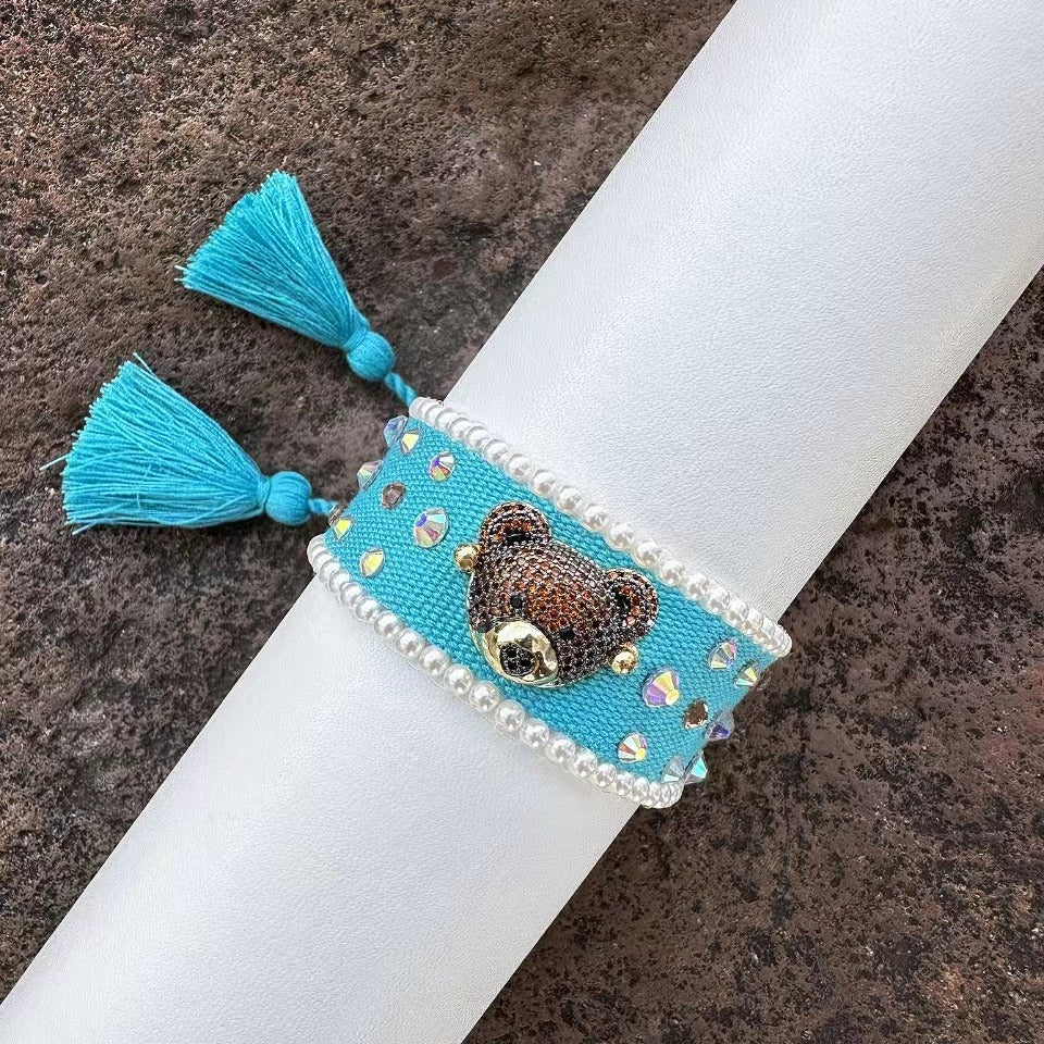 Teddy Bear Face Crystal Fabric Writ Band Threads Bracelet Bulk