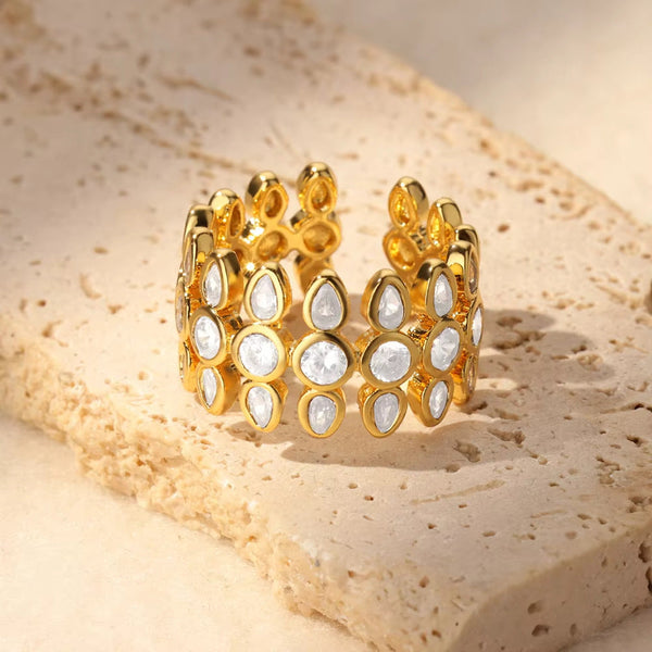 Bulk White Classic Flower Cluster Gold CZ Copper Adjustable Fancy Ring Main image