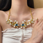 Evil Eye Leaf 18K Gold CZ Enamel Pearl Necklace Earring Set Bulk
