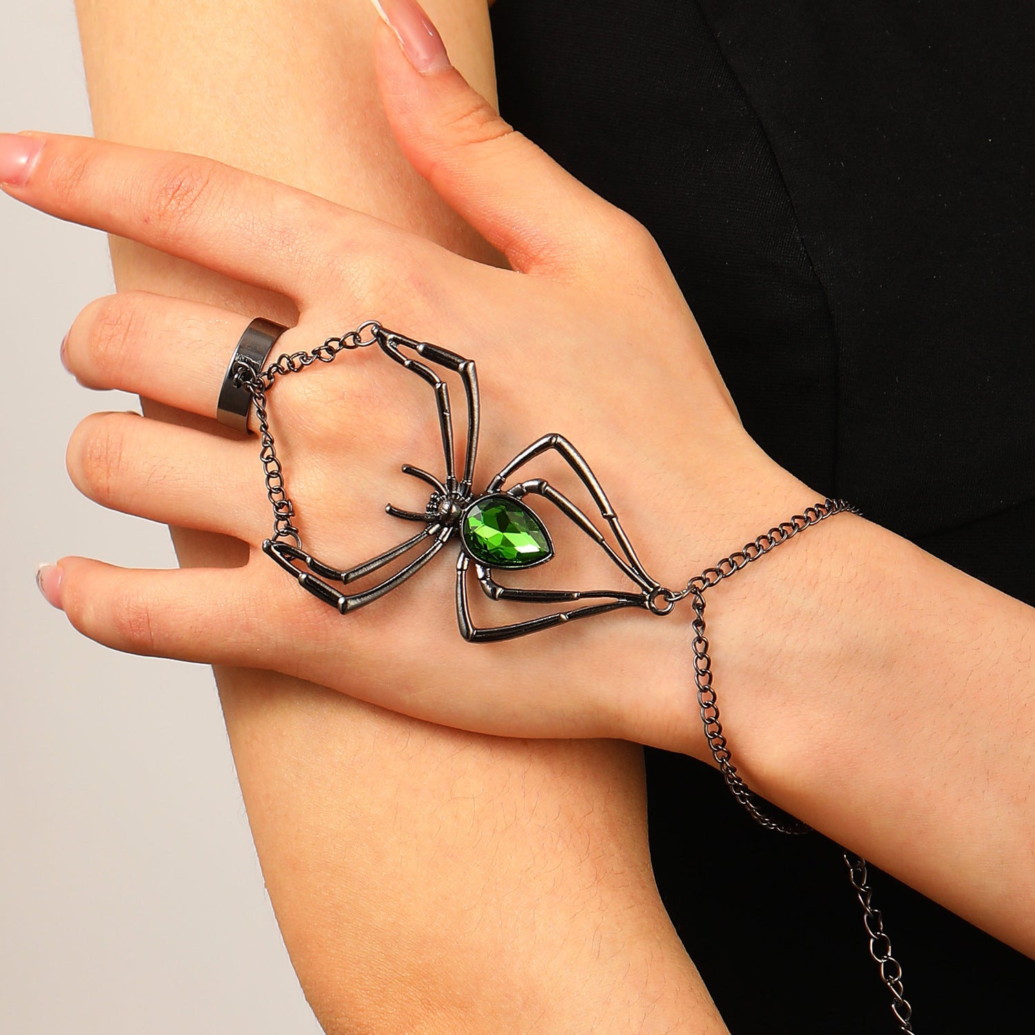 Wholesale Green Black Spider Black Rhinestone Ring-Bracelet For Women Secondary image