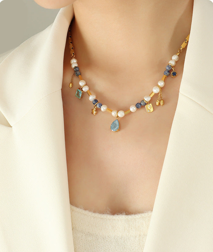 Drop Pearl Blue Purple 18K Gold Anti Tarnish Necklace Chain Women Bulk