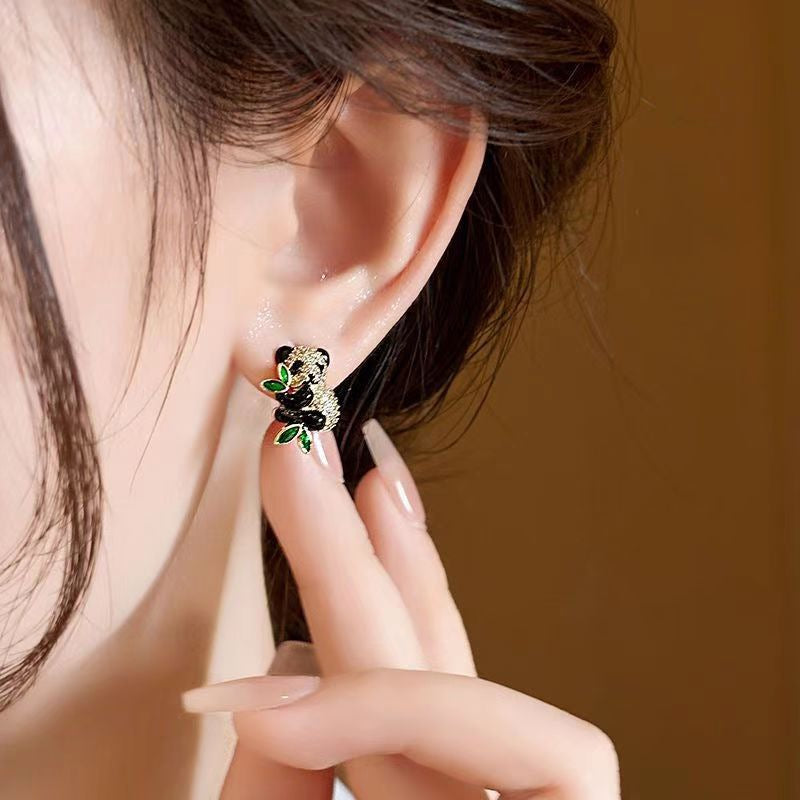 Luxury Gold Plated Panda Bear Green Enamel CZ Crystal Stud Earrings Bulk