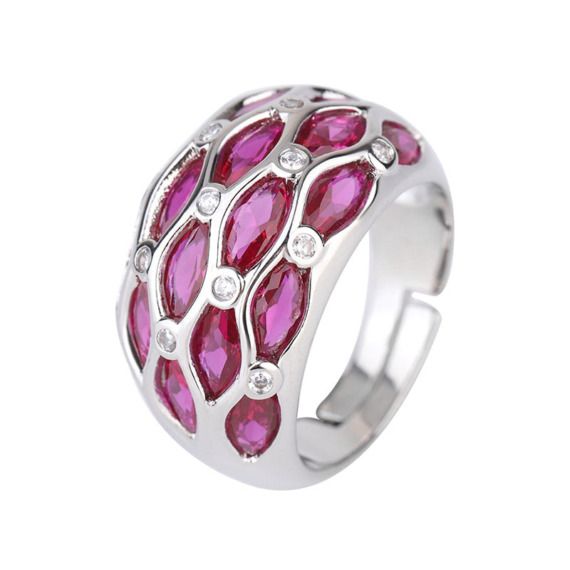 Oval Silver Maroon White Cubic Zirconia Crystal Free Size Ring Bulk