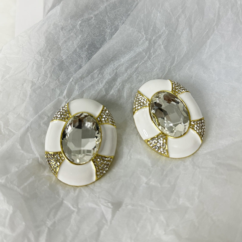 Oval 18K Gold White Enamel Cubic Zirconia Stud Earring For Women Bulk