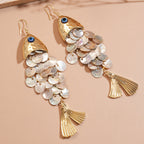 Gold Silver Fish-Shell Mother of Pearl Alloy Dangler Earrings Bulk