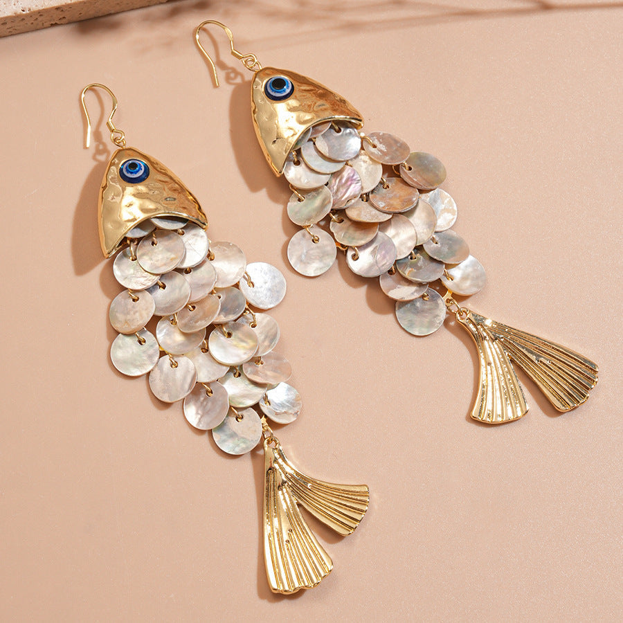 Gold Silver Fish-Shell Mother of Pearl Alloy Dangler Earrings Bulk