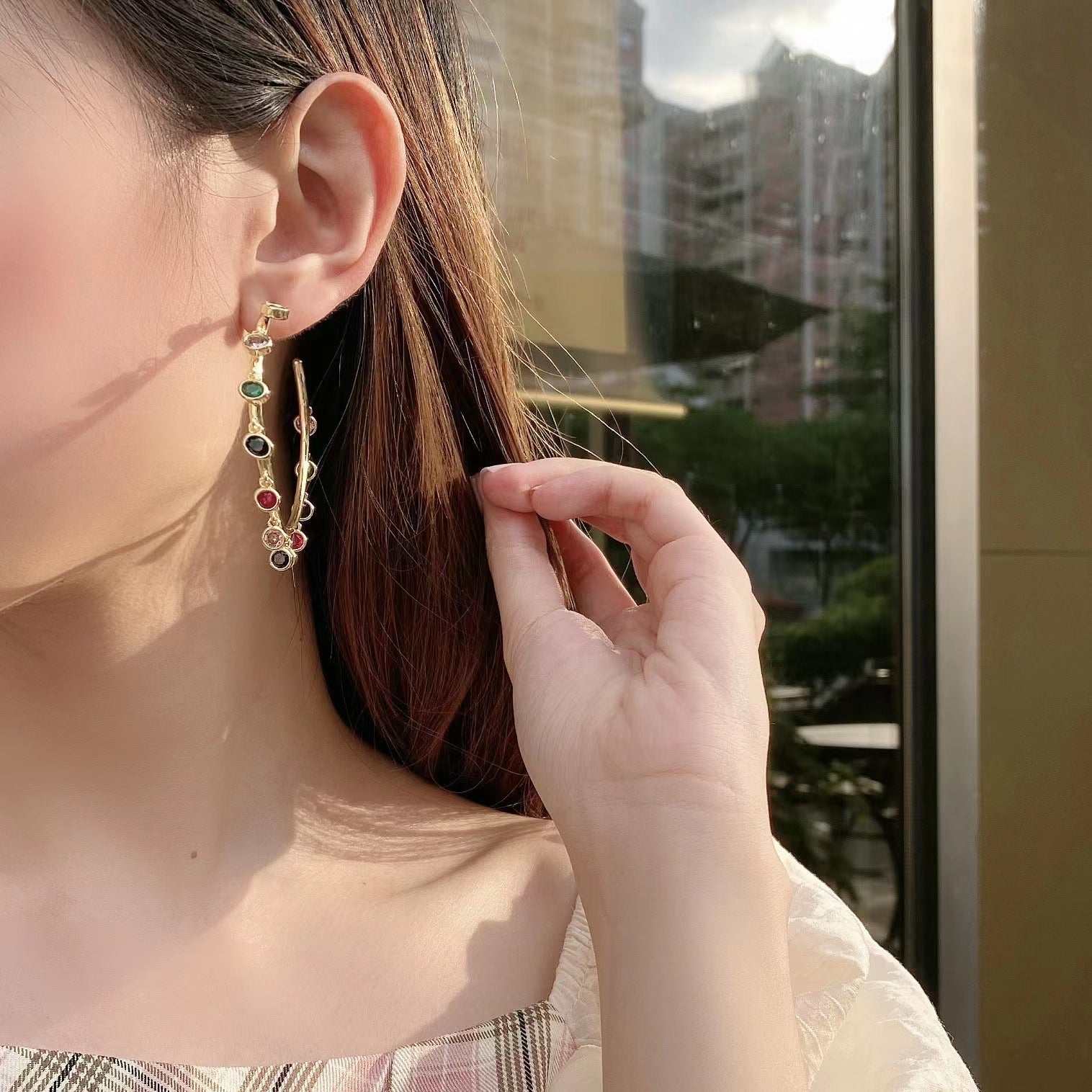 Oval Rainbow Crystal 18K Gold Plated Anti Tarnish Hoop Earring Bulk Main image