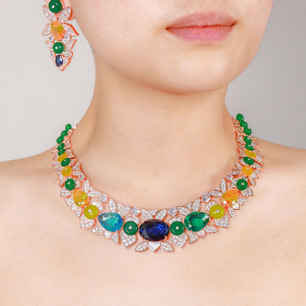 Rainbow Flower Solitaire 18K Gold Multi Gemstone Cubic Zirconia Anti Tarnish Necklace Earring Set For Women Secondary image