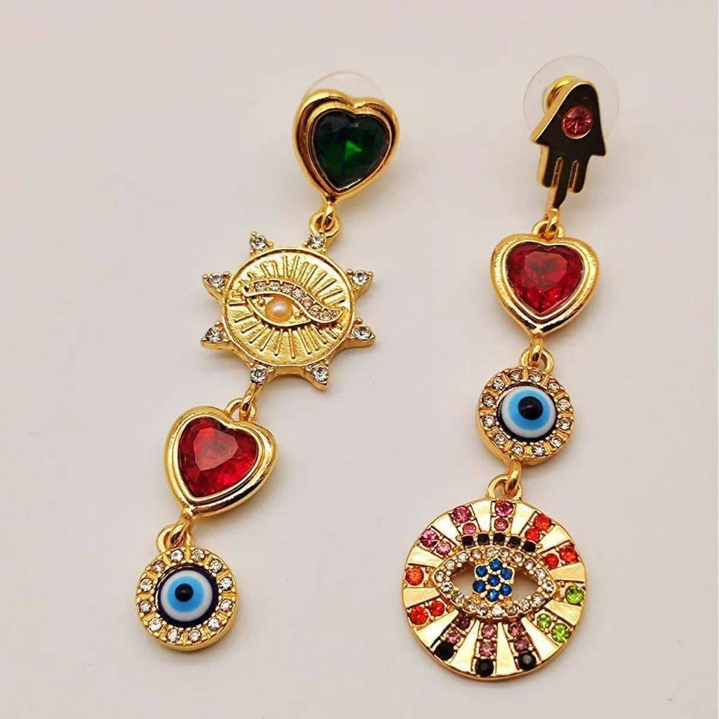 Multi Color Evil Eye Heart Hamsa Gold Cubic Zirconia Dangler Earrings Bulk