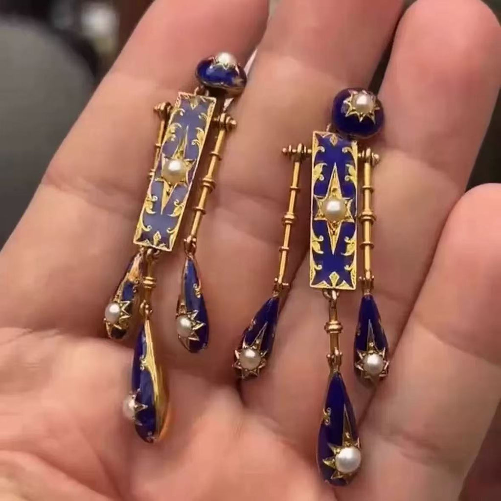 Vintage Art Deco Blue Enamel Gold Pearl Copper Dangler Earrings Bulk