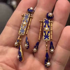 Vintage Art Deco Blue Enamel Gold Pearl Copper Dangler Earrings Bulk