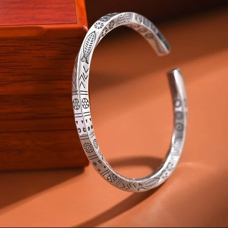 Vintage Wave Engraved Silver Cuff Kada Bracelet For Women Bulk Main image