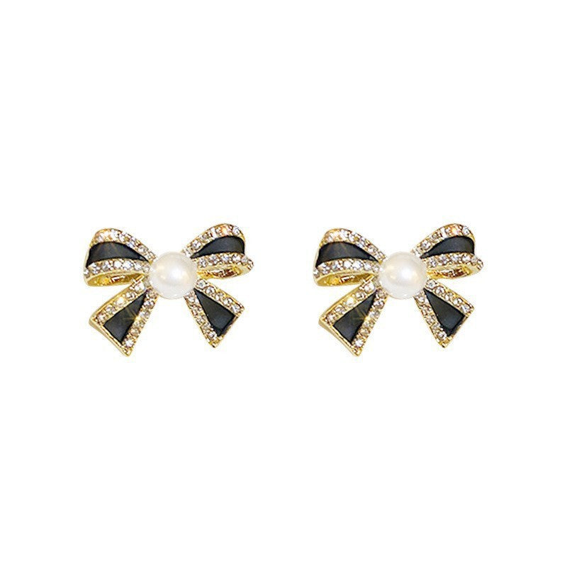 Black Bow Knot Gold Plated Rhinestone Pearl Alloy Stud Earrings Bulk