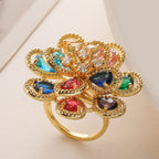 Flower Rainbow Solitaire On Surface Gold CZ Anti Tarnish Ring Bulk