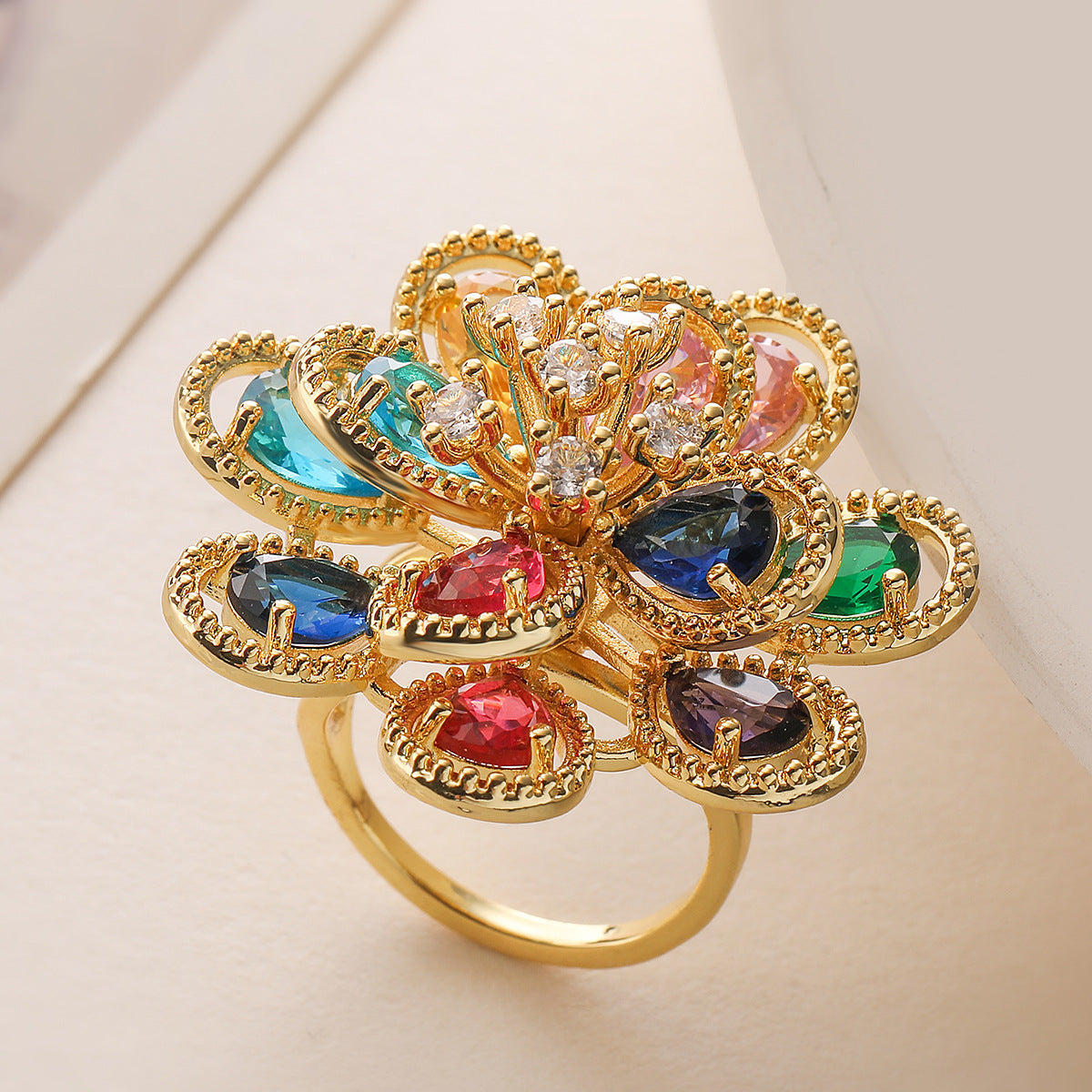 Flower Rainbow Solitaire On Surface Gold CZ Anti Tarnish Ring Bulk