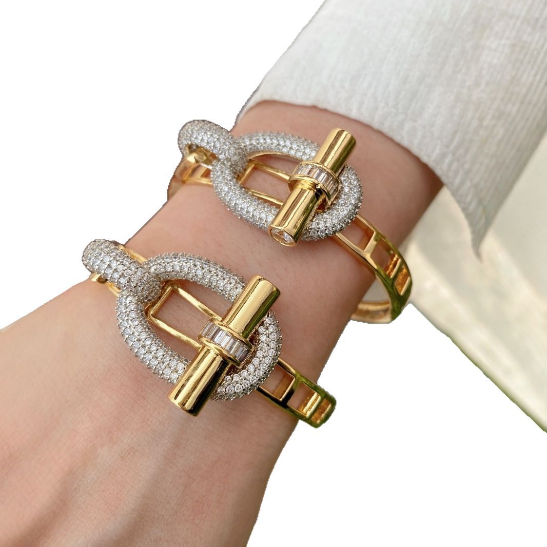 Two Tone Lock Gold Silver CZ Anti Tarnish Openable Kada Bracelet Bulk Secondary image