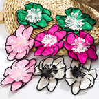 White Green Pink Flower Black Border Anti Tarnish Stud Earring Bulk