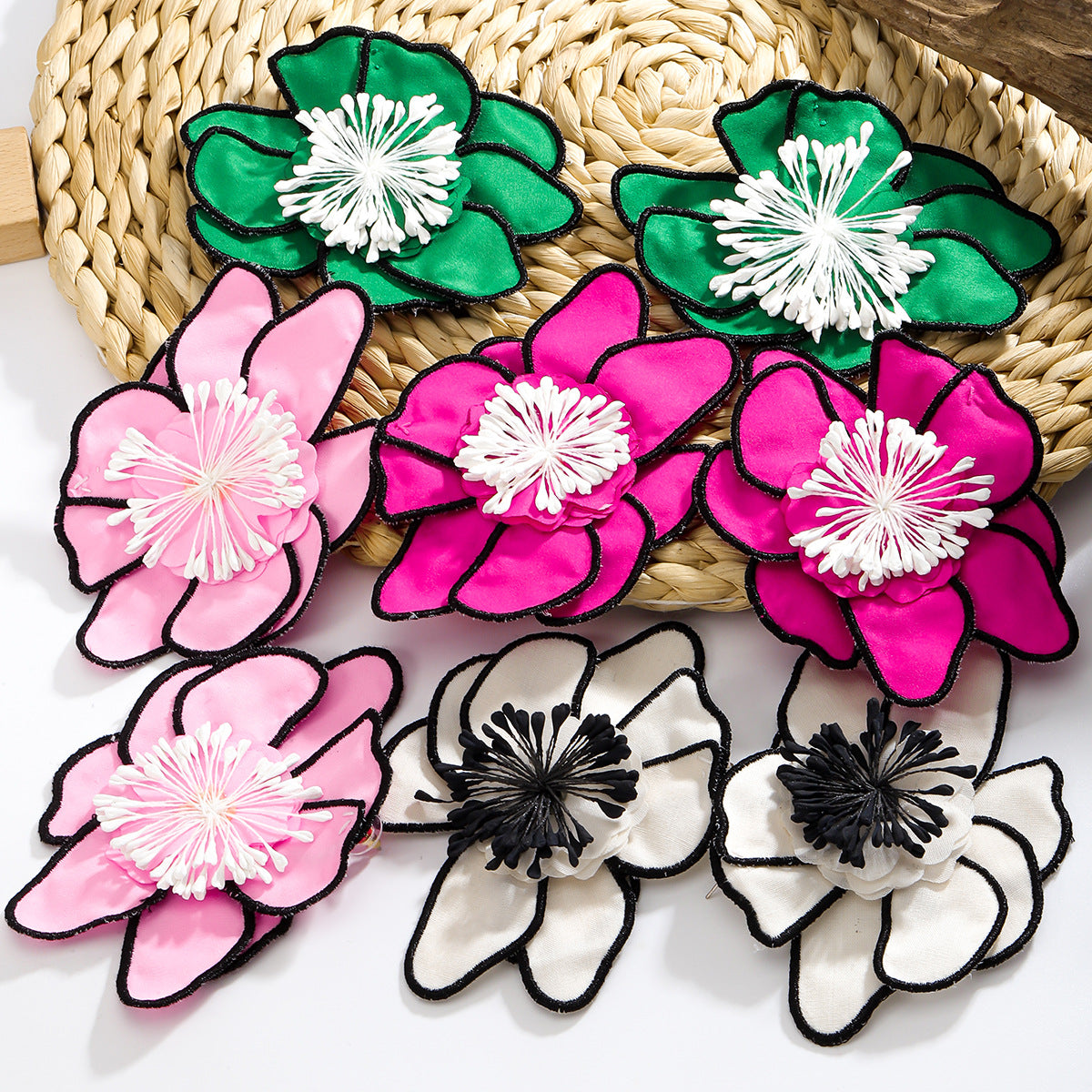 White Green Pink Flower Black Border Anti Tarnish Stud Earring Bulk
