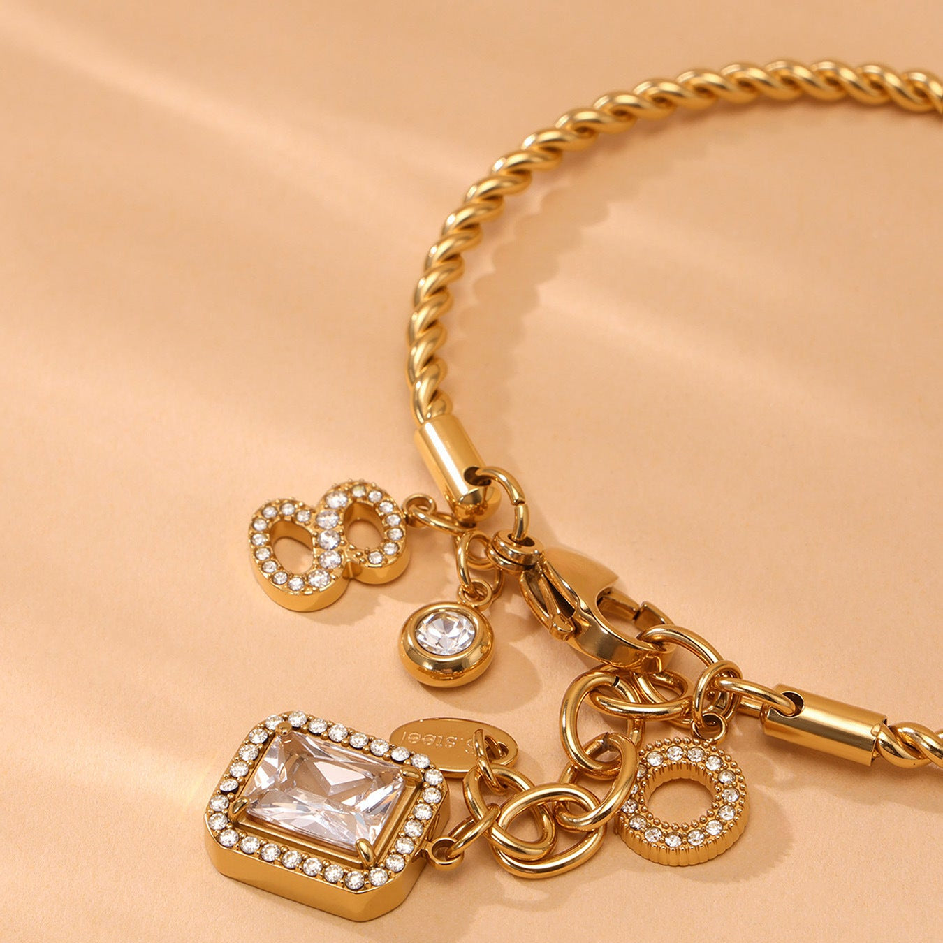 Square Solitaire 18K Gold Silver Cubic Zirconia Stainless Steel Charm Bracelet Kada For Women