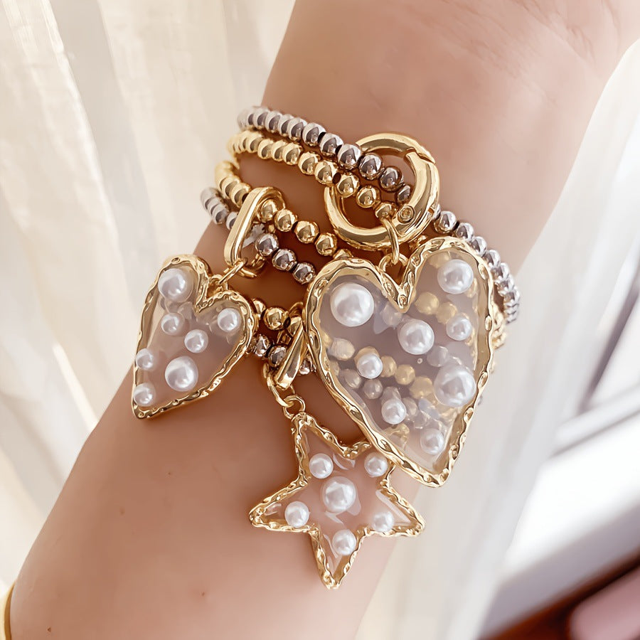 Multi-Charm Heart & Star Design Gold Silver Pearl Copper Bracelet Bulk