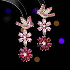Floral Bird 18K Gold Pink Blue CZ Anti Tarnish Drop Earring Bulk