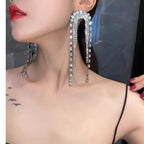 Studded Rhinestone Silver Anti Tarnish Long Tassel Dangler Earring For Women