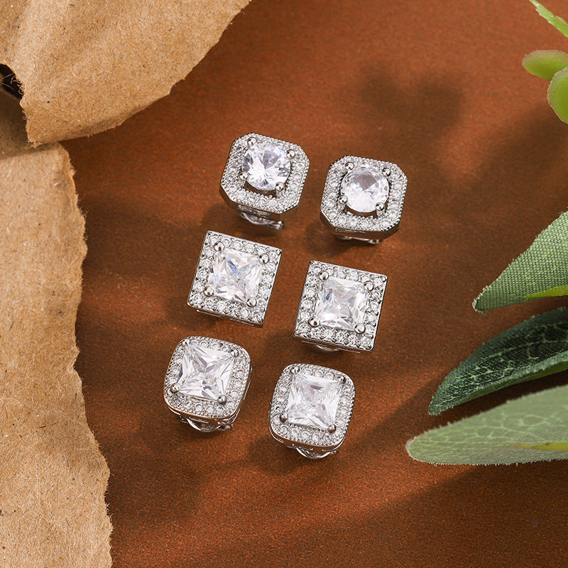 White Designer Square Cut Silver Plated CZ Copper Stud Earrings Bulk